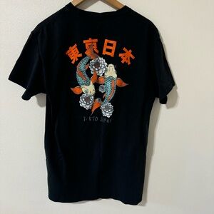 Bowery Supply Co Tokyo Japan Koi Fish Floral Graphic Tee Black Short Sleeve-L